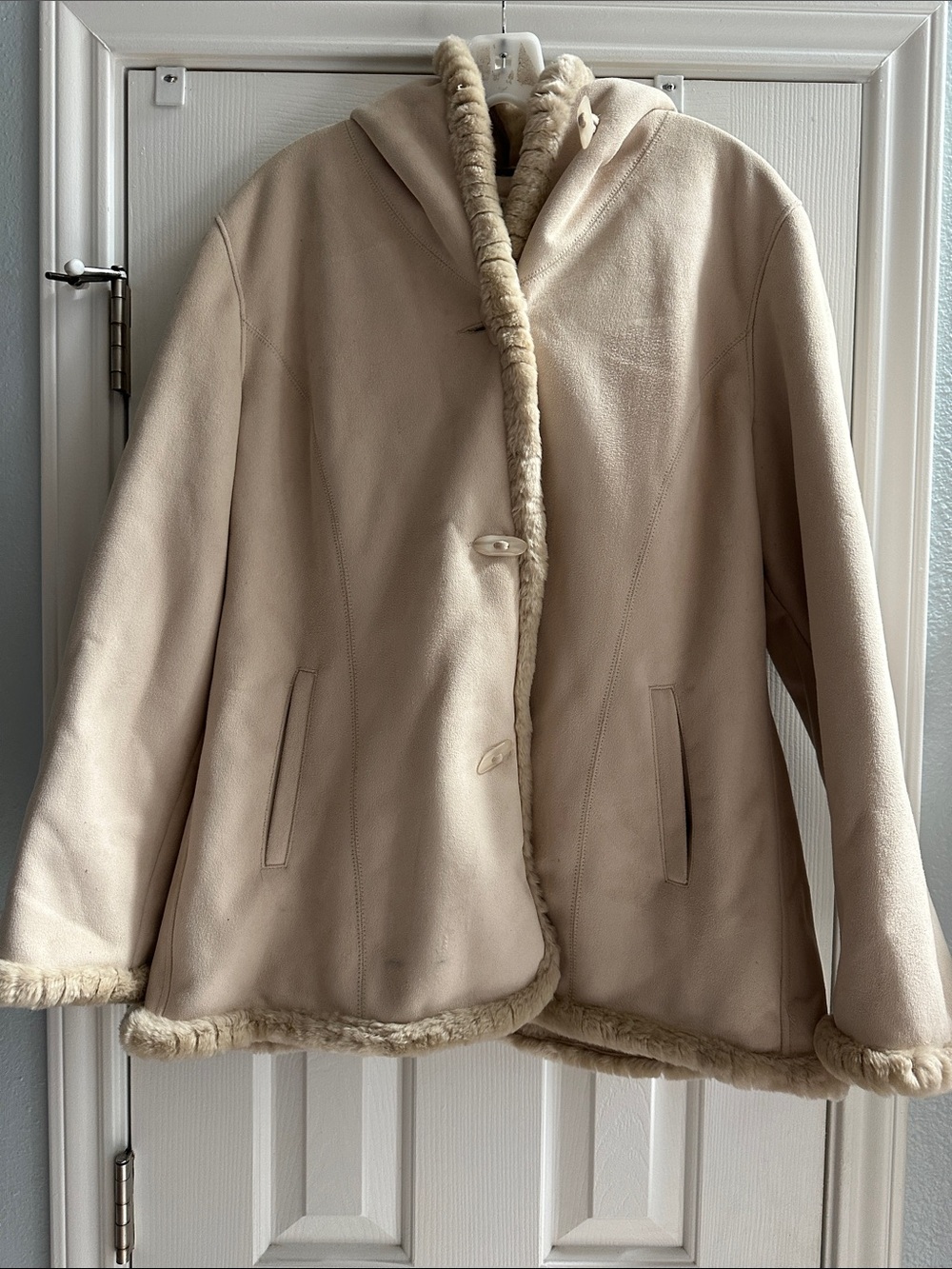 Jones New York Y2K Neutral Cream Faux Shearling Hooded Jacket L Ethereal Boho